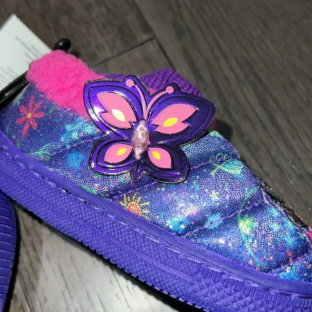 NWT encanto sparkly iridescent slippers with butterfly appliqué and center gem